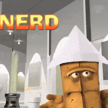 a cartoon character wearing a white hat with the word nerd in orange letters