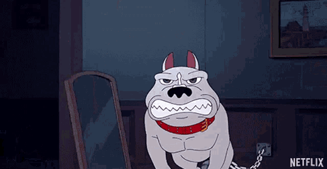 a cartoon dog is chained to a chair with a netflix logo on the bottom right