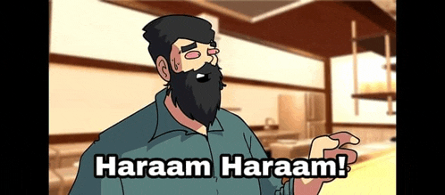 a cartoon man with a beard says haraam haraam in a kitchen