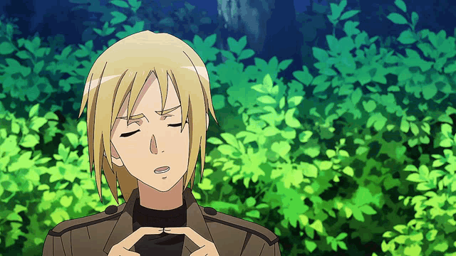 a man with his eyes closed is standing in front of a forest