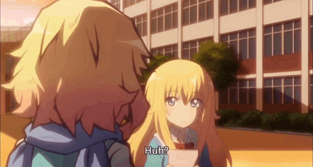 a girl with long blonde hair is holding a piece of paper and asking another girl " huh "