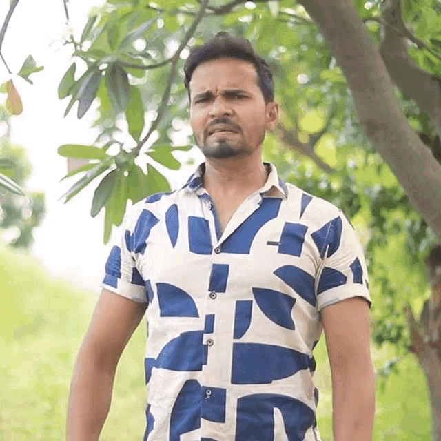 a man wearing a blue and white shirt with the letter a on it stands in front of a tree