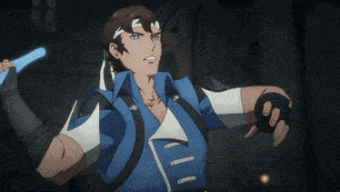 a man in a blue jacket with a cross on the back is holding a sword
