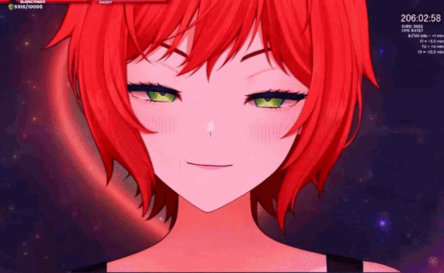 a girl with red hair and green eyes is playing a game