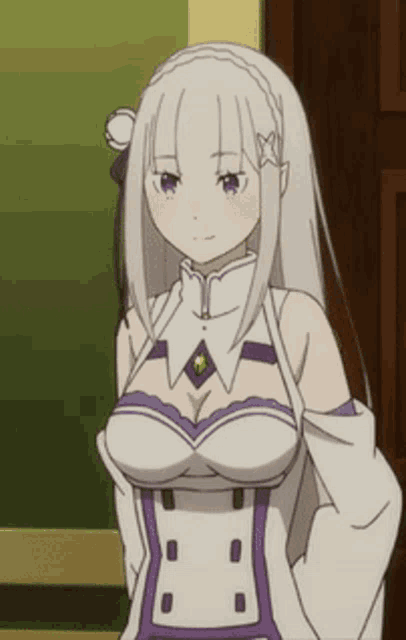 a girl with white hair and purple eyes is wearing a white and purple outfit