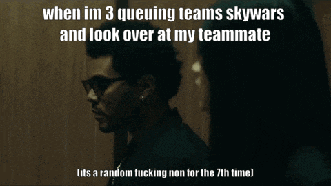 a man and a woman are standing next to each other with a caption that says when im 3 queuing teams skywars