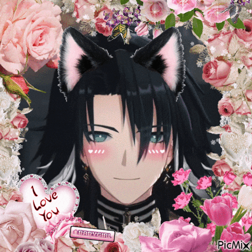 a picture of a boy with cat ears surrounded by pink flowers with a heart that says i love you
