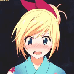 a girl with blonde hair and blue eyes is wearing a blue kimono and a pink bow in her hair .