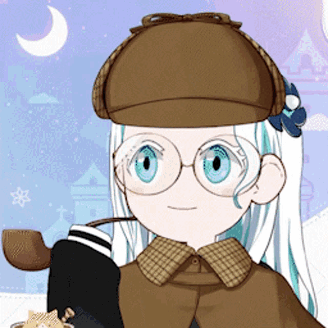 a girl with white hair wearing a hat and glasses