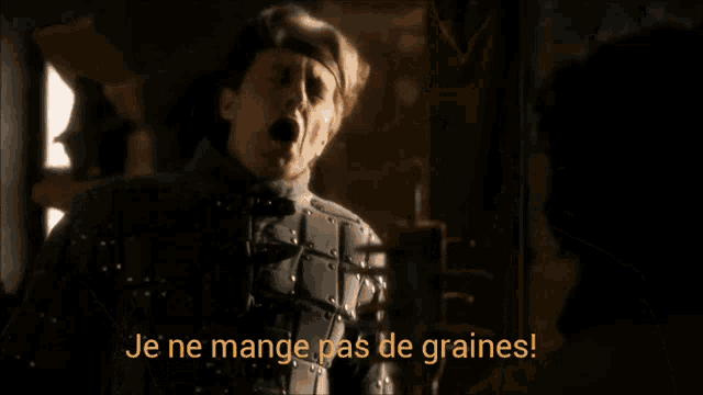 a man holding a sword with the words je ne mange pas de graines on the bottom