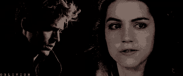 a man and a woman are looking at each other and the words oblivion are on the bottom right
