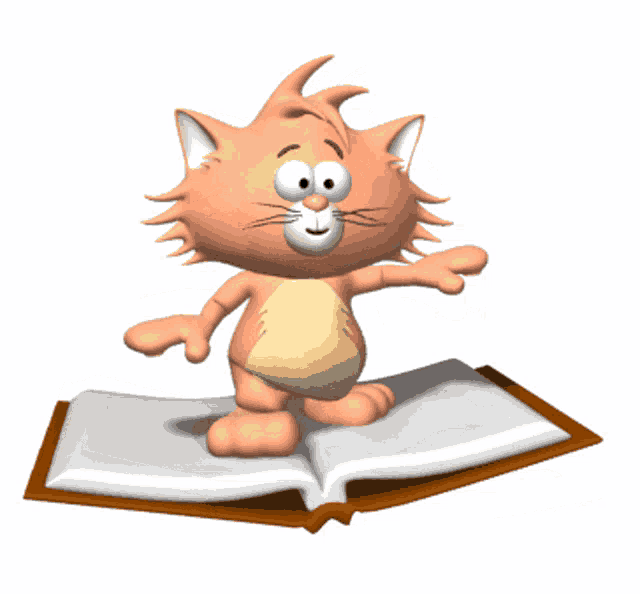 a cartoon cat is standing on a book