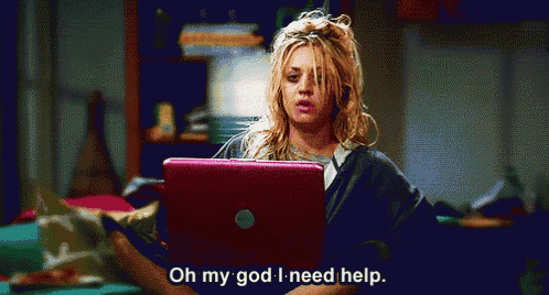 a woman sitting in front of a laptop with the words oh my god i need help
