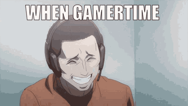 a man wearing headphones is laughing with the words when gamertime written above him