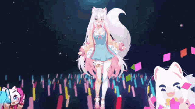 a cartoon of a girl with white hair standing in front of a crowd of people