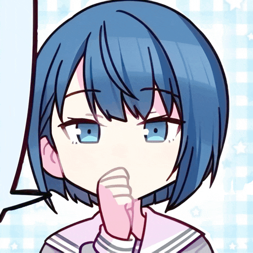 a girl with blue hair and blue eyes holds her finger to her lips