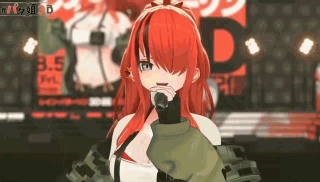 a girl with red hair is singing into a microphone with a sign in the background that says 3.5