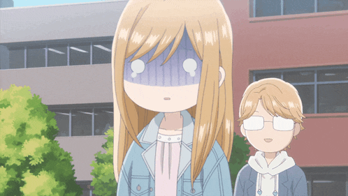 a girl with a surprised look on her face stands next to a boy wearing glasses