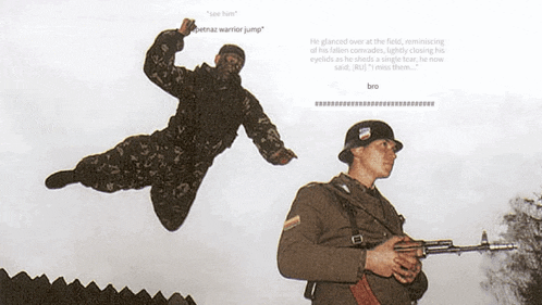 a man in a military uniform is holding a gun while another man in a military uniform is jumping in the air