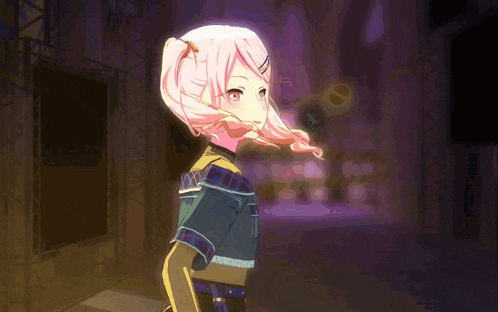 a girl with pink hair is standing in a dark room with a purple background