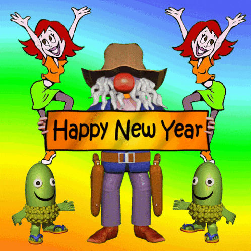 a cartoon of a cowboy holding a sign that says " happy new year "