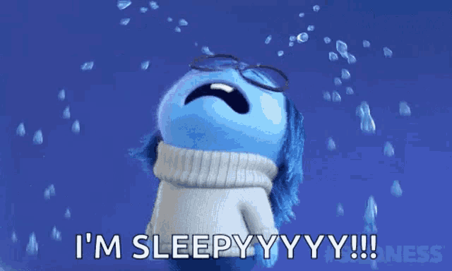 a cartoon character from inside out is crying and saying `` i 'm sleepy yy yy ! ''