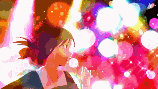 a colorful painting of a girl surrounded by bubbles