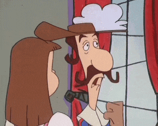 a man with a mustache and a hat is standing next to a woman in a cartoon .