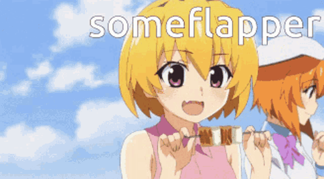 a girl with yellow hair is eating a piece of food with the words someflapper below her
