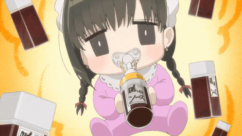 a baby with a pacifier is holding a bottle that says sauce on it