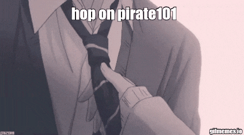 a man in a suit and tie with the words hop on pirate101 above him