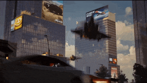 a jet is flying over a city with a billboard that says ferrari on it