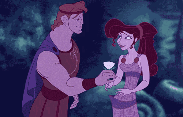 a cartoon of a man giving a woman a flower