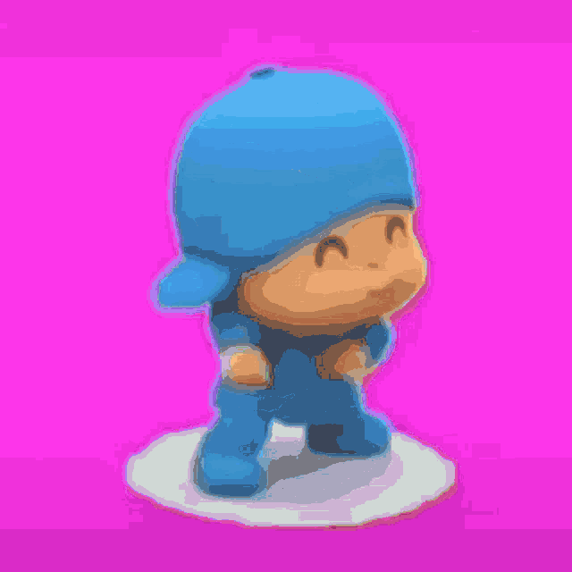 a cartoon character with a blue hat is standing on a white base