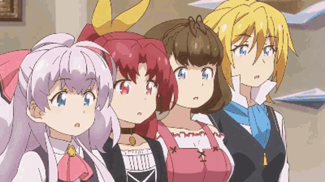 a group of anime characters are standing next to each other looking at something