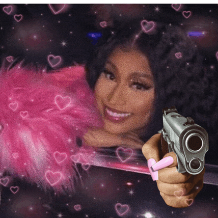 a woman with pink nails is holding a gun in front of her face