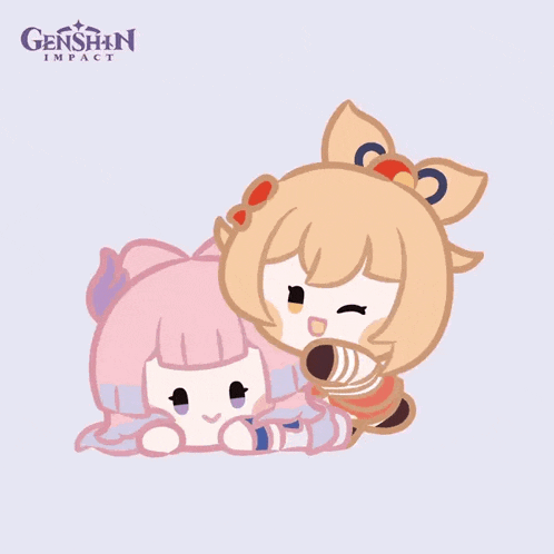 a cartoon of two girls with genshin impact in the background