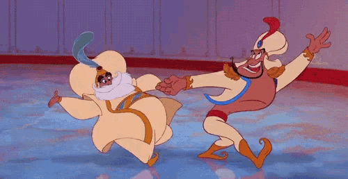 a couple of cartoon characters are holding hands and dancing on ice .