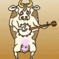 a brown and white cow is playing a guitar .