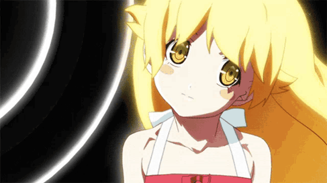 a girl with blonde hair and yellow eyes is wearing a red dress