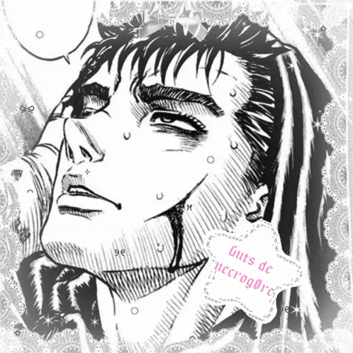 a black and white drawing of a man with the words guts de necrogore written on it