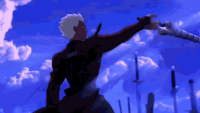 a man holding a sword in front of a blue sky with clouds