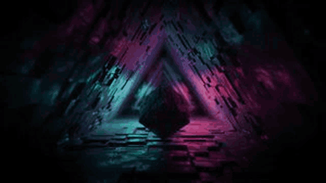 a dark room with a triangle in the middle and a cube in the middle .
