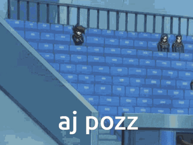 a group of people standing in a stadium with aj pozz written on the bottom