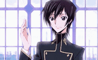 a man in a black suit is standing in front of a window and waving .
