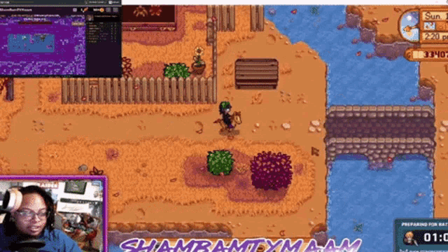 a computer screen shows a video game being played by a woman named shambantyman