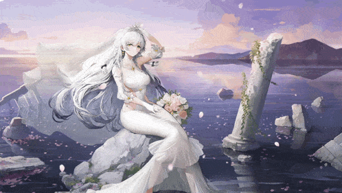 a bride in a white dress is sitting on a rock