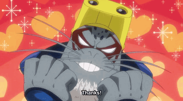 a cartoon character says thanks in front of a red background