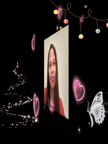 a woman is surrounded by hearts and a butterfly