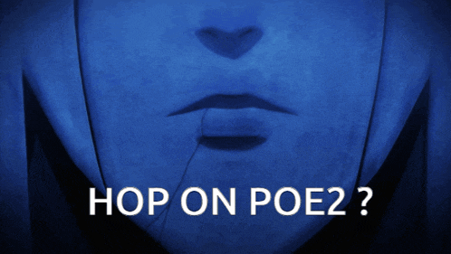 a blue background with the words hop on poe2
